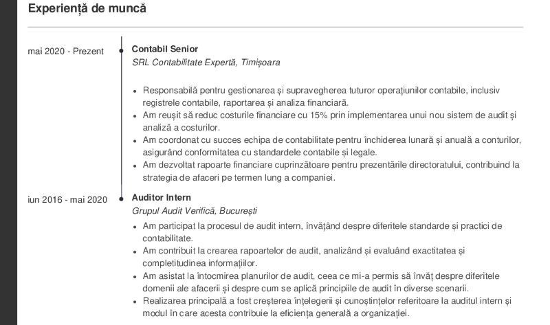 experiența de muncă pentru un CV de contabil