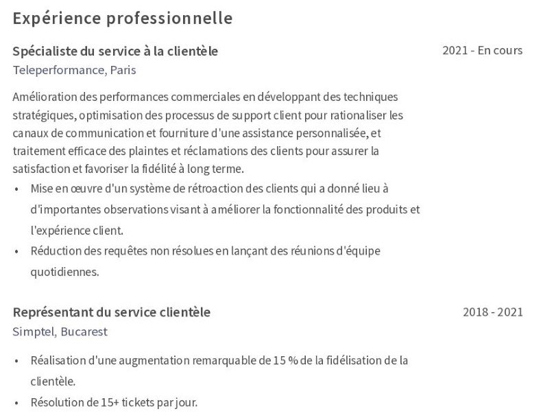 experiență profesională pentru un CV în franceză