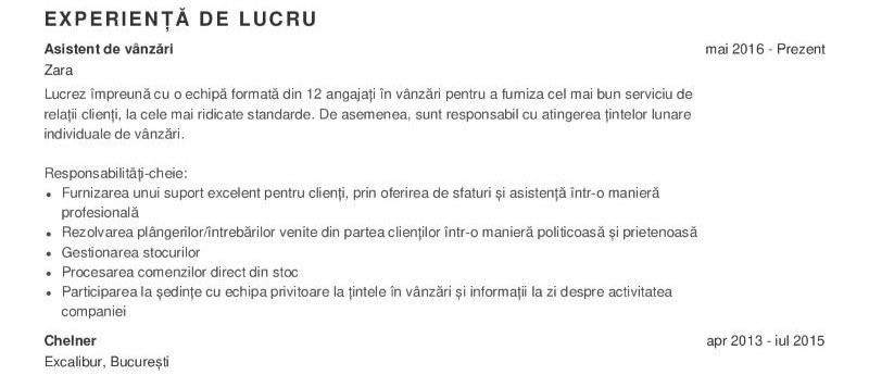 Experiență de lucru pentru un CV de retail